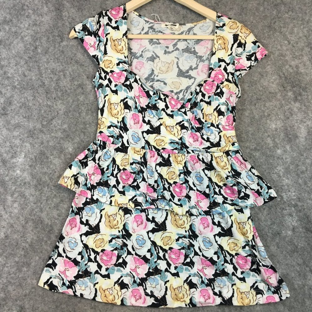 UO Silence Noise Top M Floral 70s 80s Vintage Inspired Floral Peplum Ruffle Knit